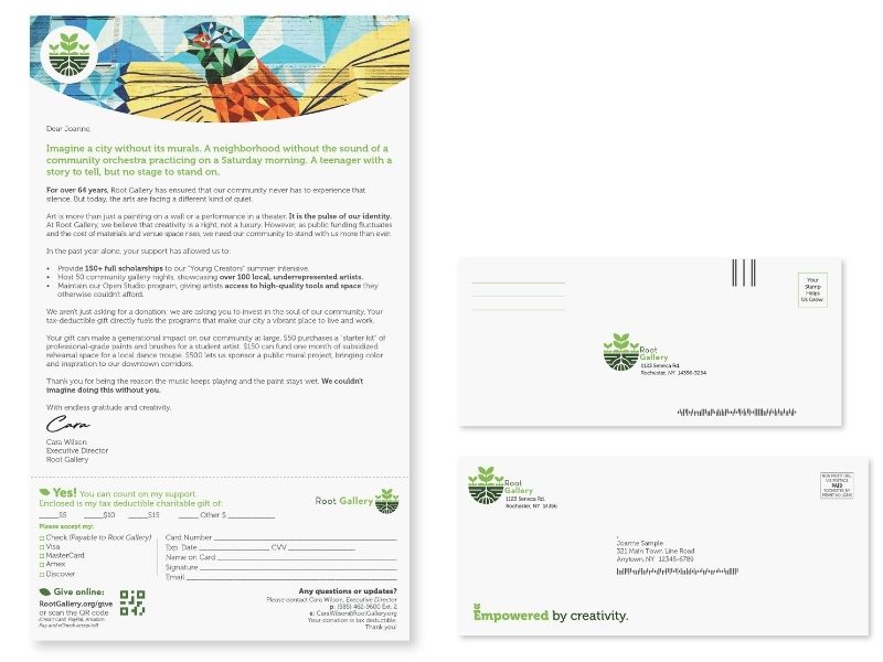 Letter from Root Gallery with abstract mural header and body text on left; two white envelopes with green logo on right.