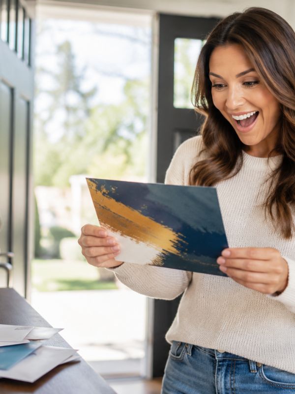 Woman in a cream sweater and jeans happily looking at a postcard with an abstract blue-orange brushstroke design.