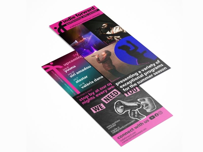 Tri-panel flyer for Indie Forward events, featuring performers and bold pink text in a collage layout.