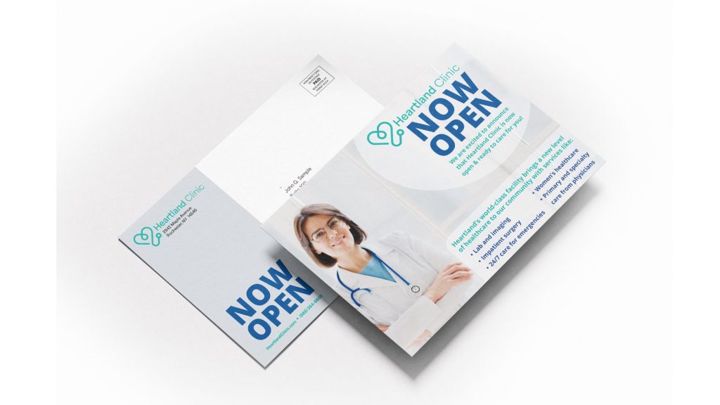 Heartland Clinic brochure set announcing NOW OPEN, featuring a doctor image and teal logo on light background.