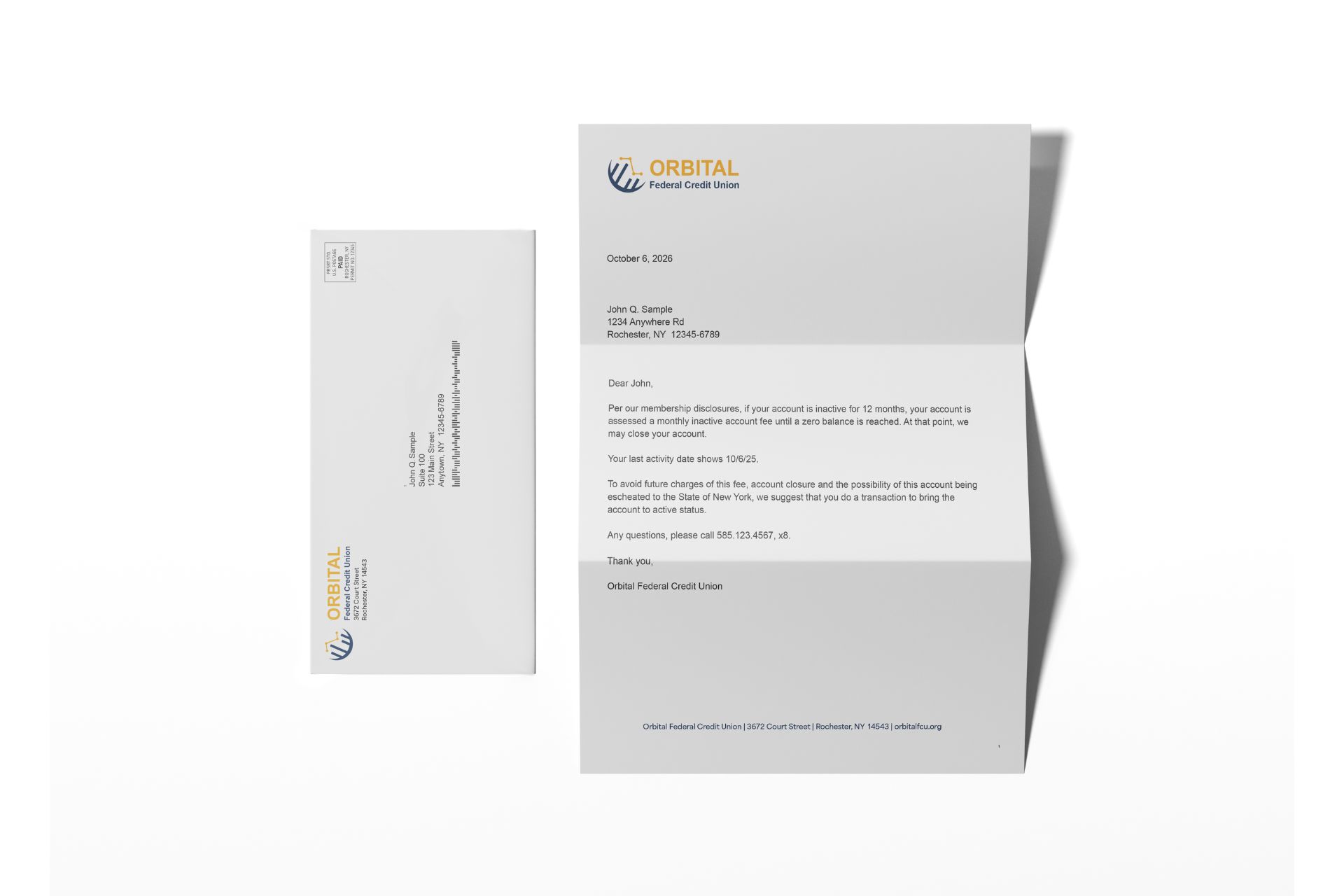 Credit union account notice letter on letterhead with a branded window envelope
