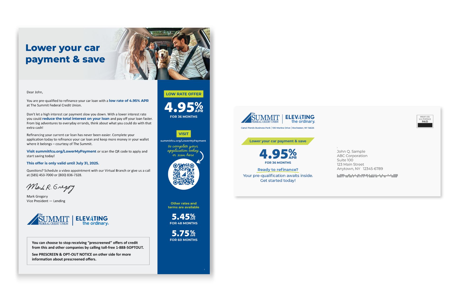 Credit union auto refinance offer letter with a matching personalized envelope