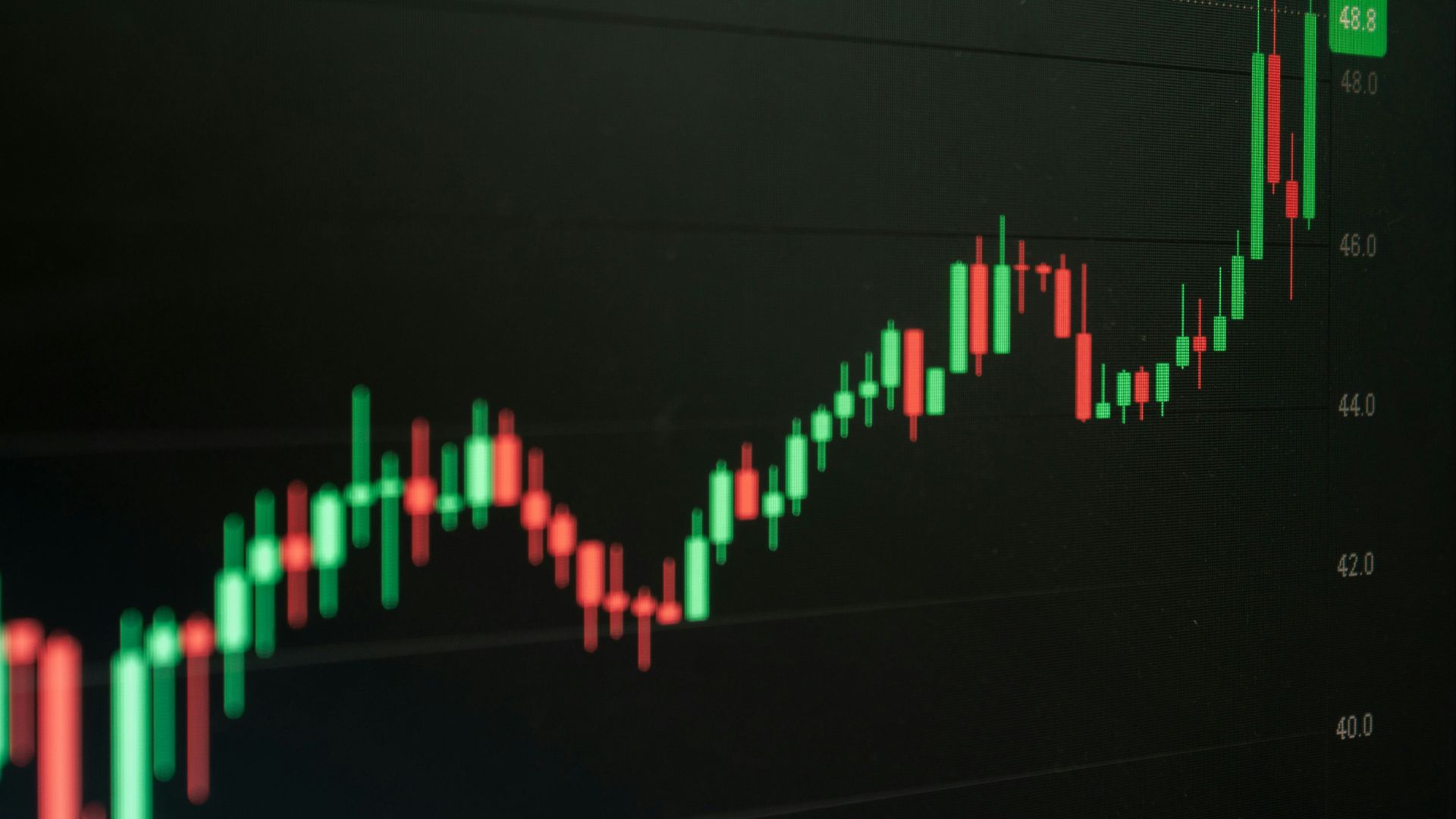 Candlestick stock chart on dark background showing upward price movement with green and red bars