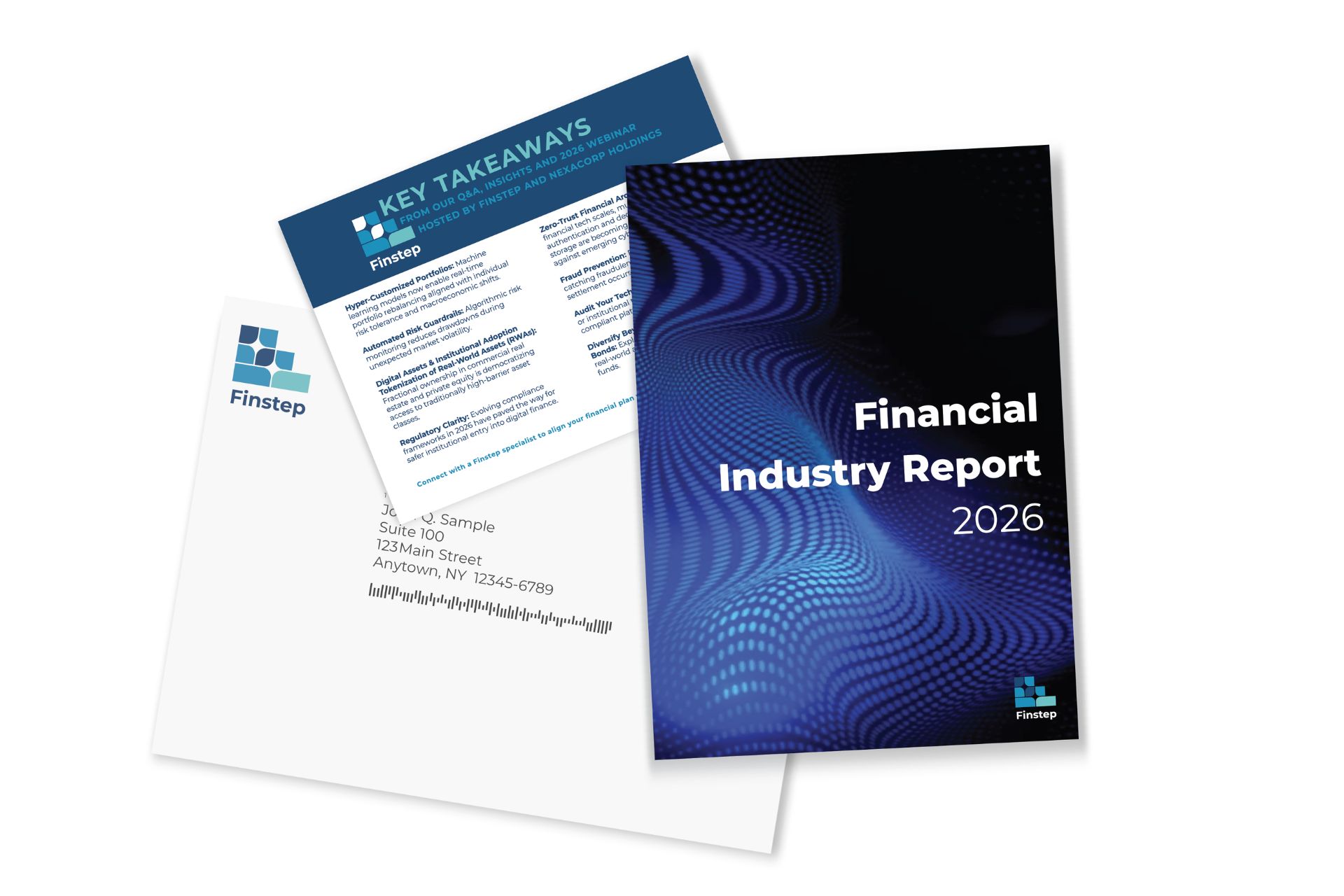Financial industry report brochure with a personalized mailer and envelope