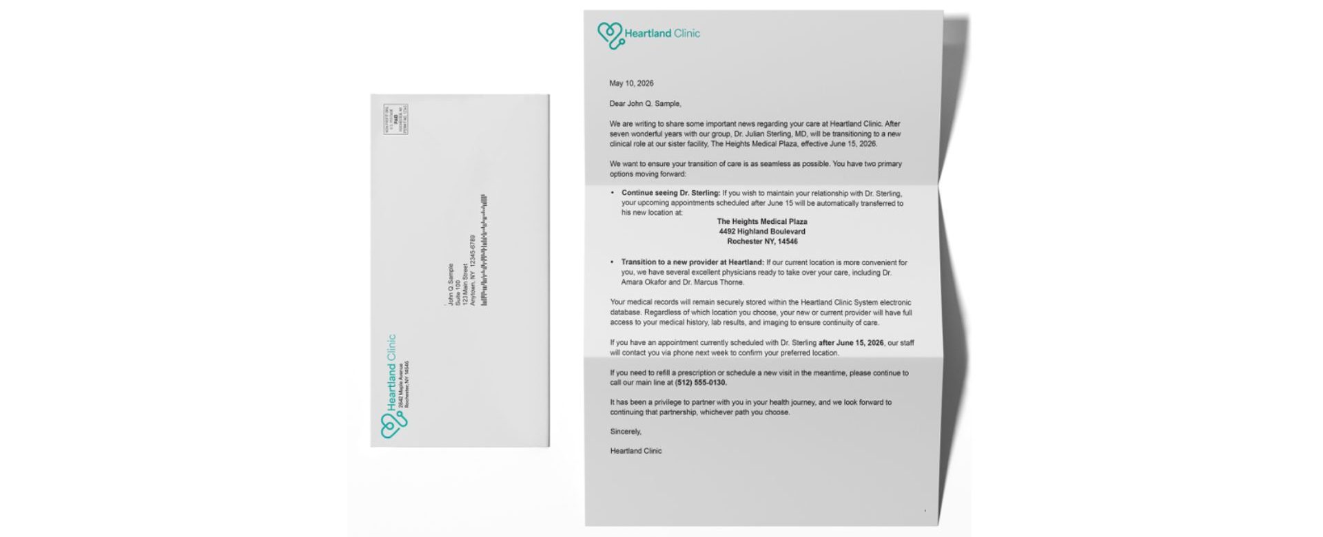 Open letter on Heartland Clinic letterhead with teal logo, accompanied by a white business envelope with branding nearby.