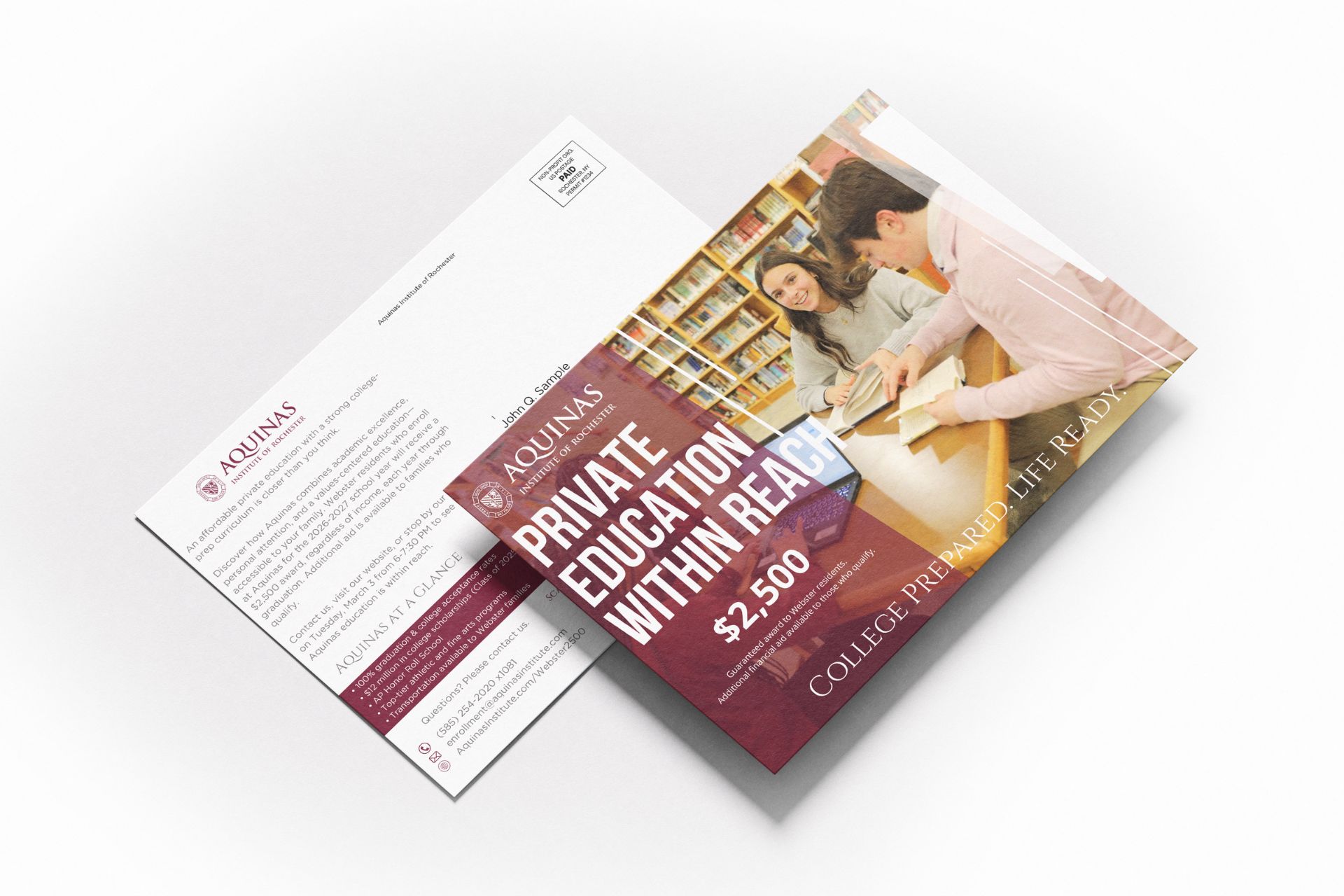 Private school admissions postcard reading Private Education Within Reach