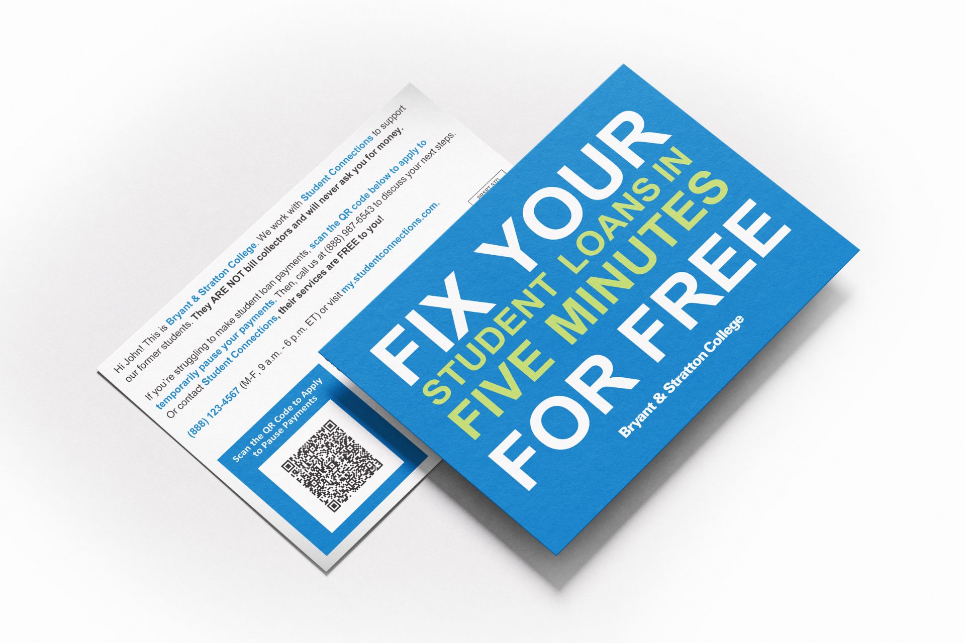 Student loan postcard reading Fix Your Student Loans in Five Minutes for Free