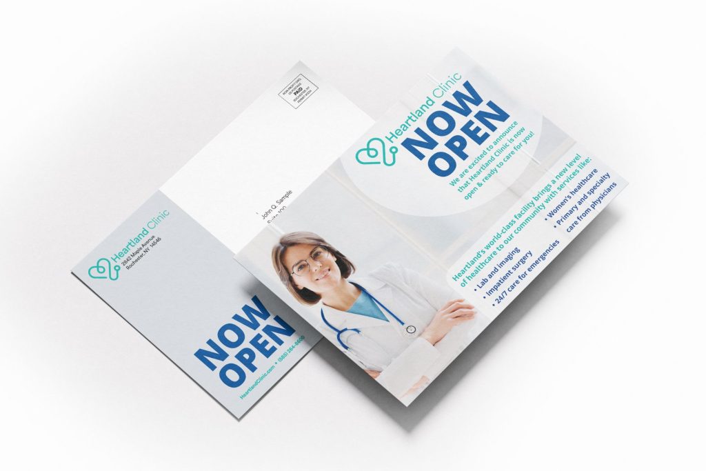 Now Open direct mail piece announcing a new healthcare clinic location