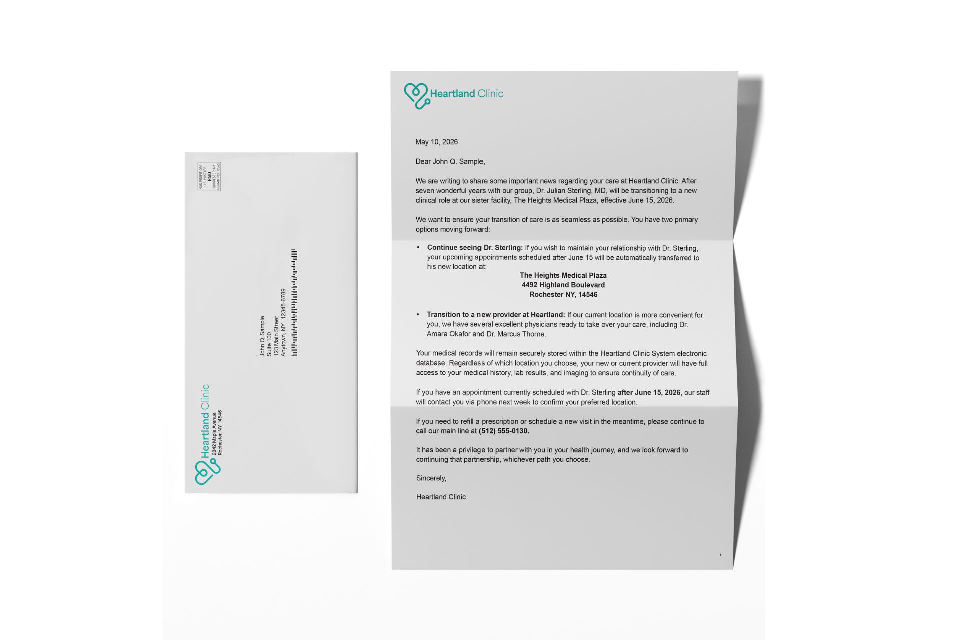 Patient letter on Heartland Clinic letterhead with a matching branded envelope