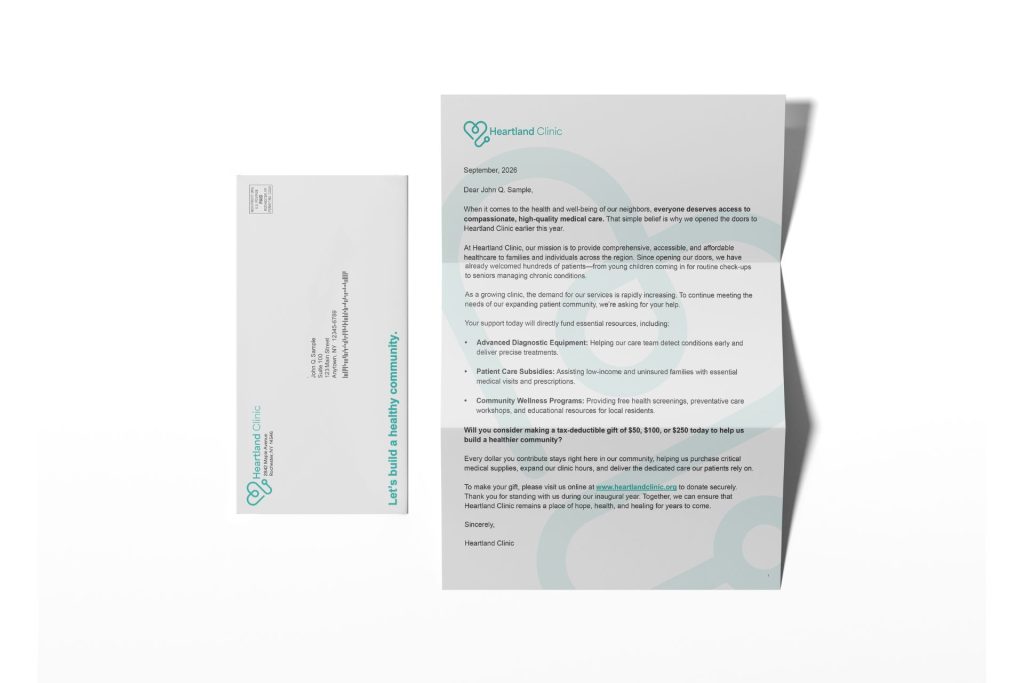 Healthcare foundation fundraising letter with a branded envelope