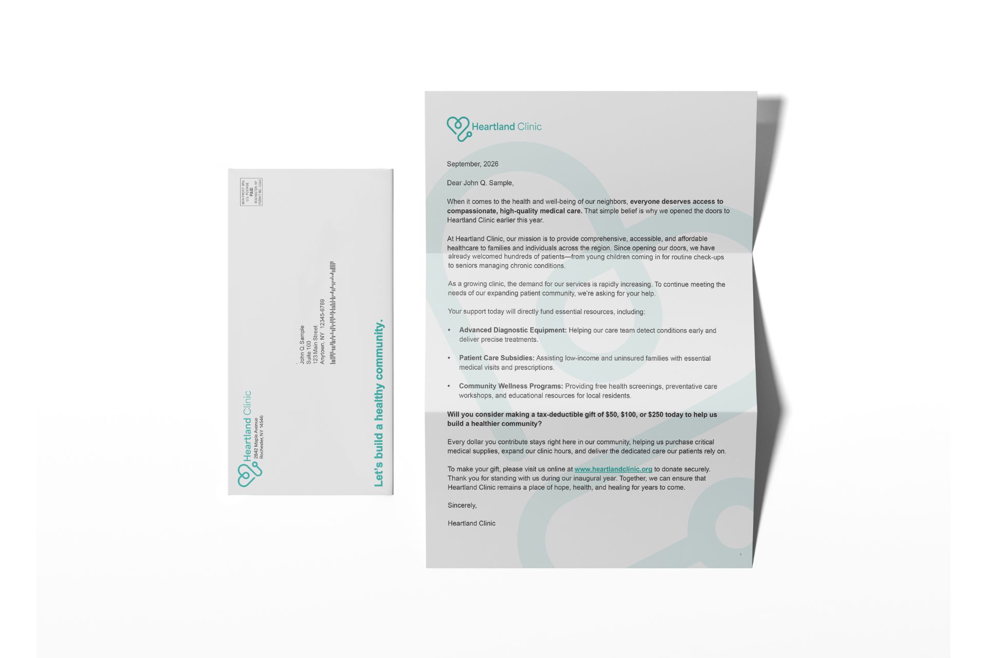 Healthcare foundation fundraising letter with a branded envelope