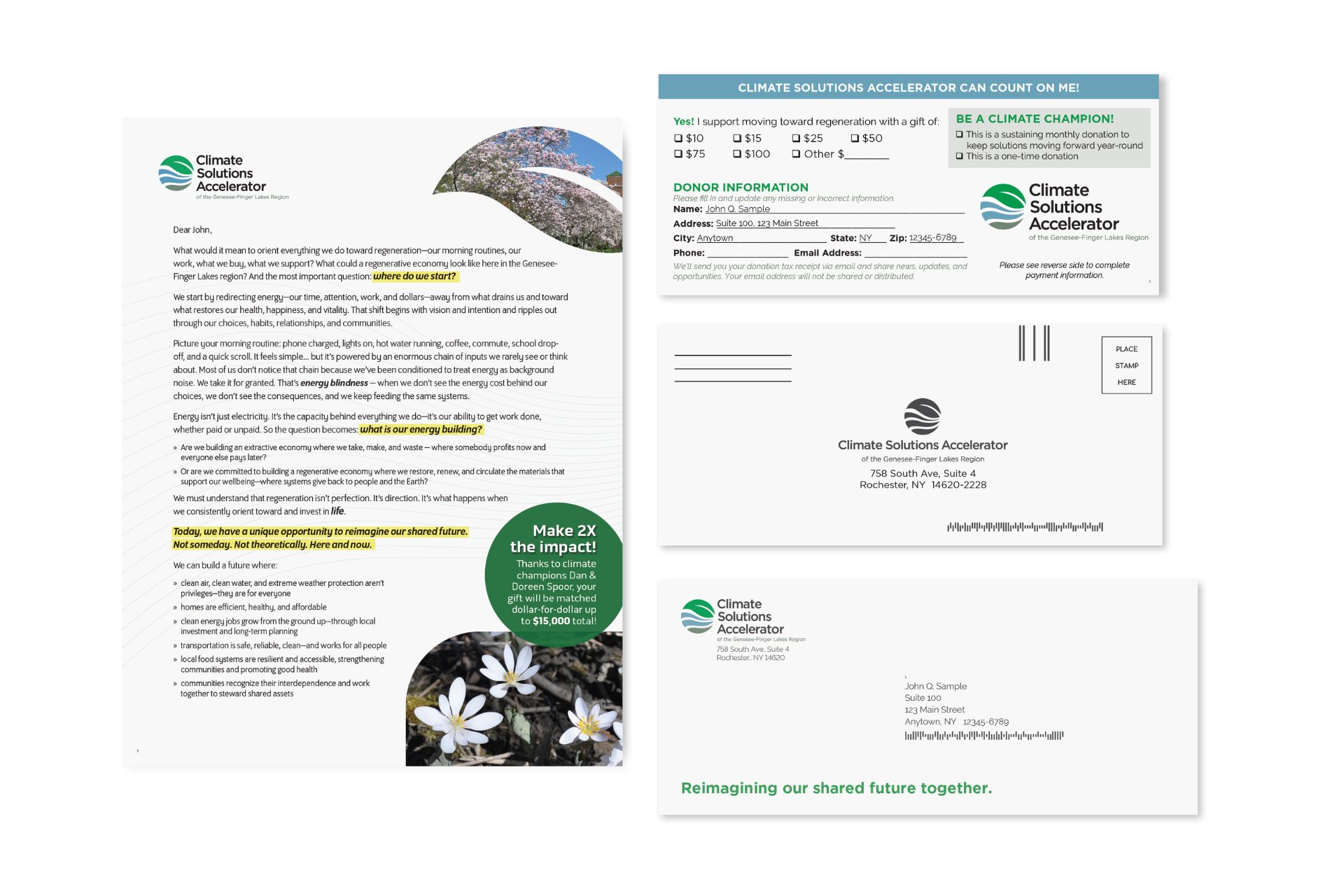 Nonprofit fundraising appeal letter with a donor reply card and reply envelope