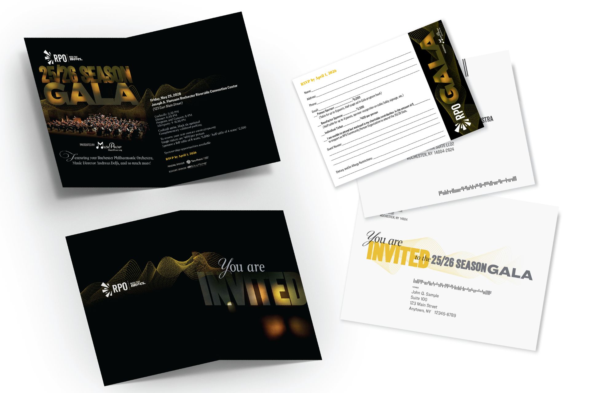 Black and gold nonprofit gala invitation suite with RSVP card and envelopes