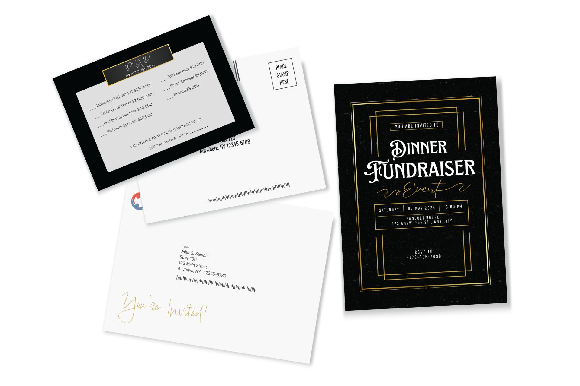 Black and gold campaign dinner fundraiser invitation with RSVP card