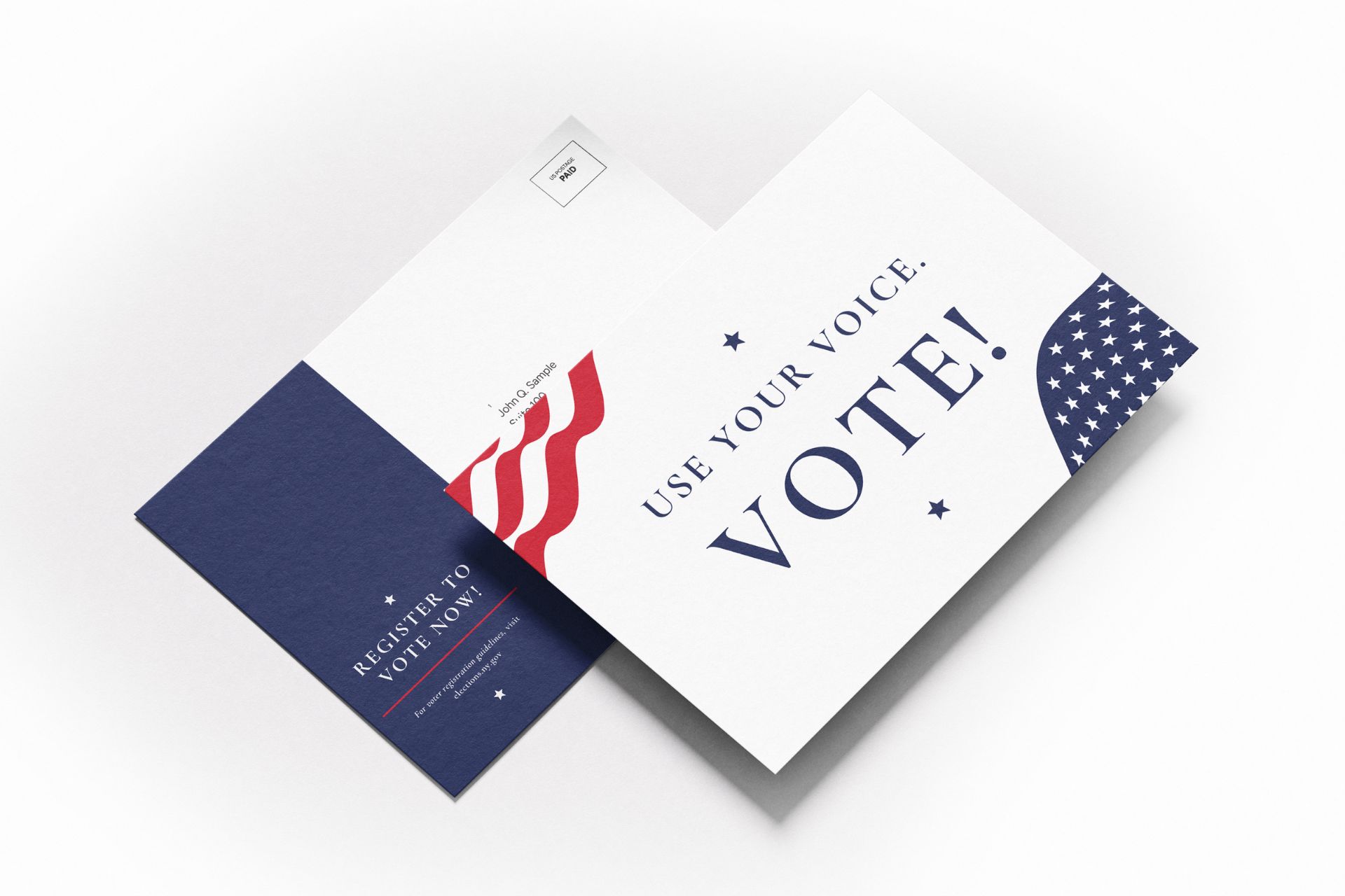 Get-out-the-vote postcards reading Use Your Voice. Vote!