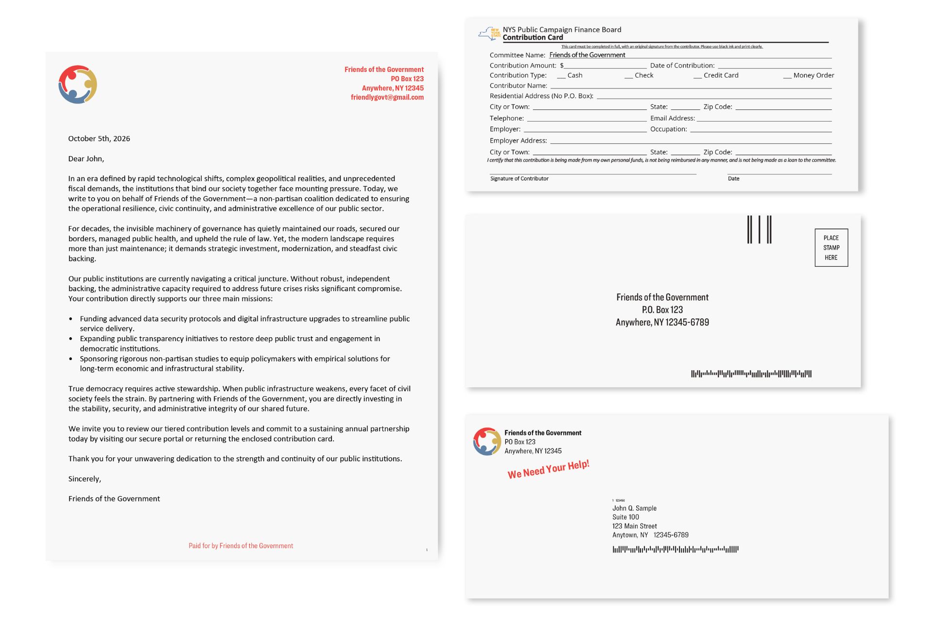 Advocacy fundraising letter with a contribution reply card and reply envelope