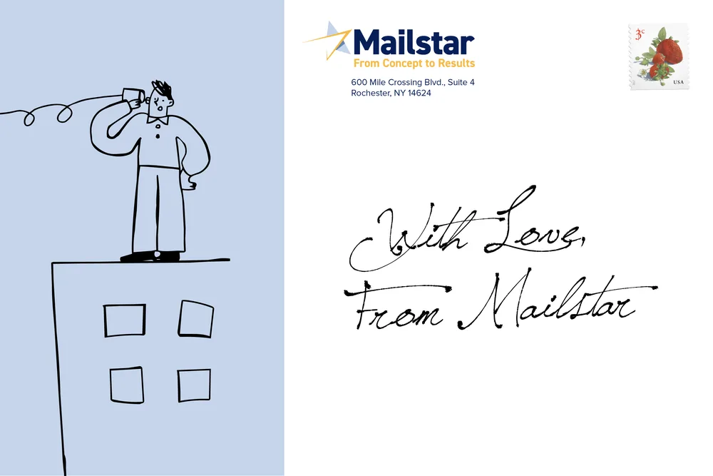 Mailstar postcard back — return address and Forever stamp